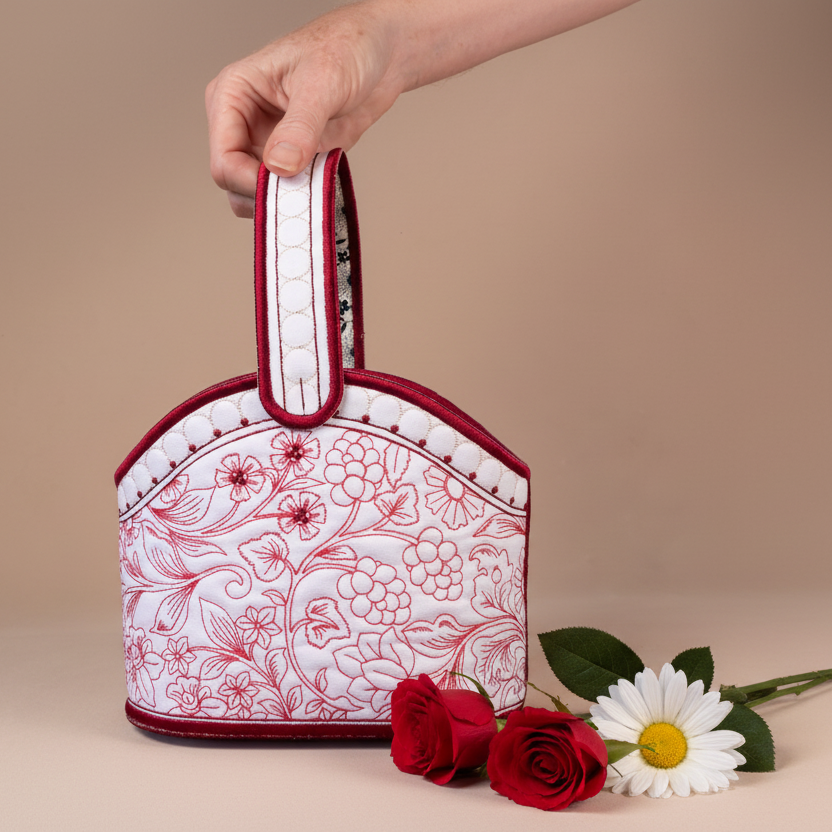 Handbag with floral pattern held by a hand, accompanied by flowers on a beige background
