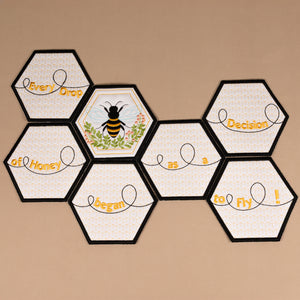 Hexagonal tiles with bee illustrations and text on a beige background