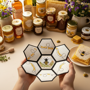 Honeycomb with honey and honey products on a table