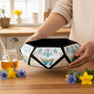 Person holding a decorative geometric bowl with floral and butterfly patterns on a wooden table.