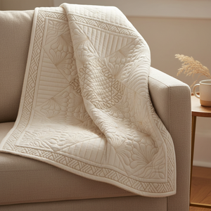 Quilted beige blanket draped over a sofa in a cozy living room setting.