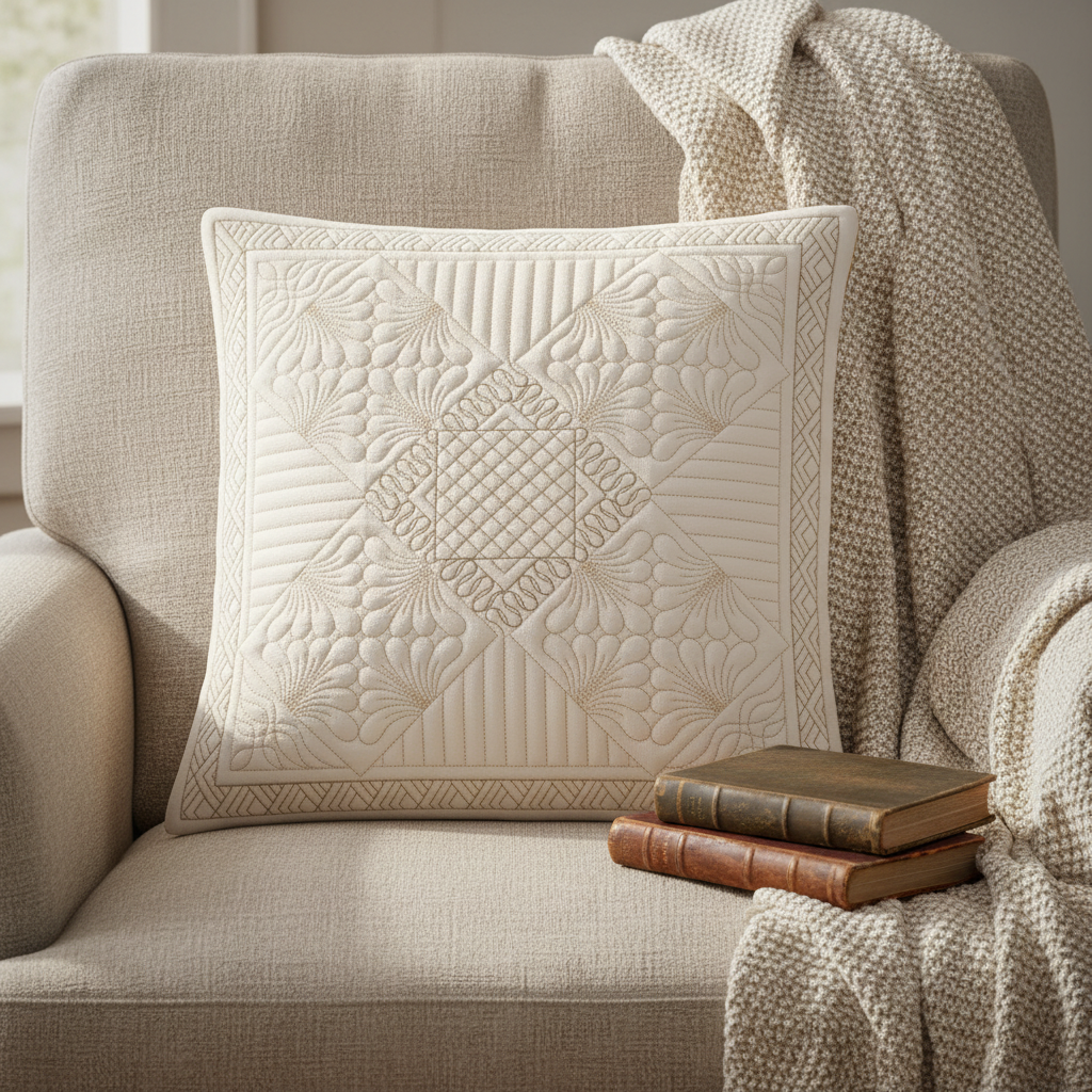 Quilted pillow on a beige armchair with books and a blanket