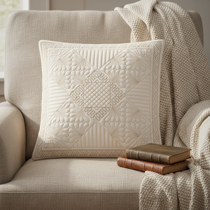 Quilted pillow on a beige armchair with books and a blanket