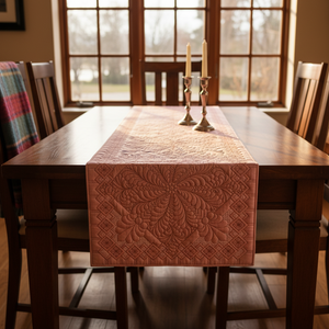 Wooden dining table with a patterned table runner in a room with large windows.