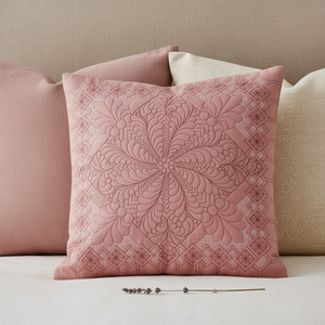 Pink textured pillow on a beige sofa with a decorative plant.