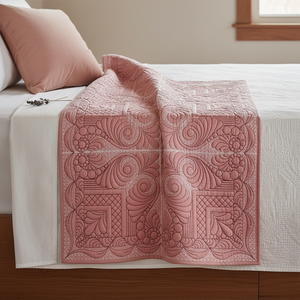 Pink patterned quilt on a bed with white bedding