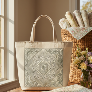 A cream canvas tote bag with a large embroidered geometric pattern panel on the front, styled on a wooden table next to a wicker basket and flowers in a sunlit room.