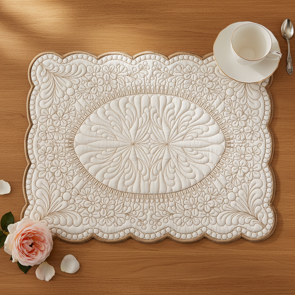 An off-white quilted placemat with an intricate floral pattern and scalloped edges, styled on a wooden table with a white teacup, a spoon, and a pink rose. by astitchahalf.net