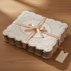 A stack of square cream-colored placemats with intricate floral embossed patterns, wrapped in a light beige satin ribbon with a bow, resting on a wooden table. by astitchahalf.net
