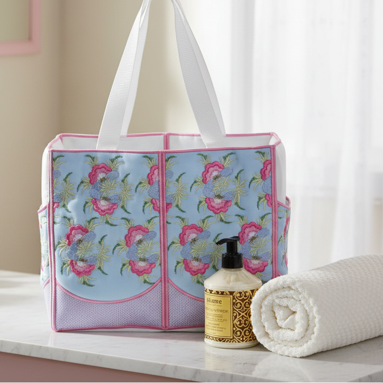 Floral-patterned tote bag with a bottle and towel on a marble surface