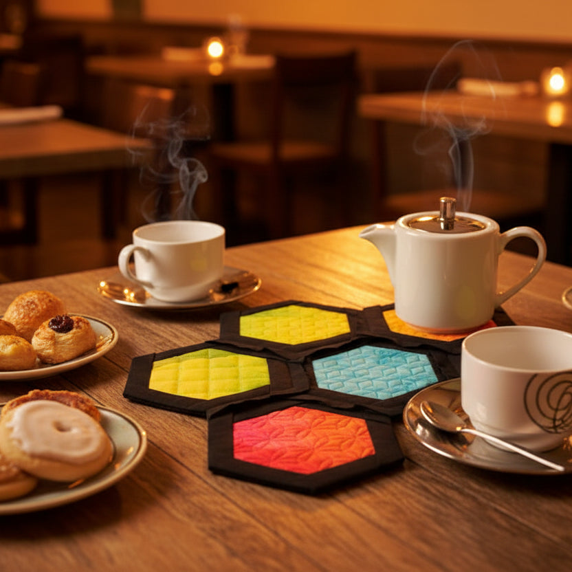 Hexagonal placemats with colorful inserts on a beige background