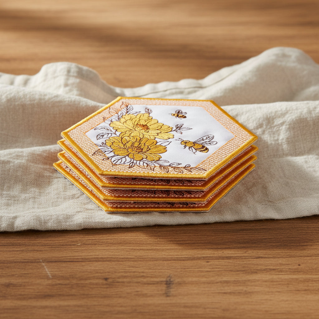 Person holding a blue mug on a wooden table with a floral coaster
