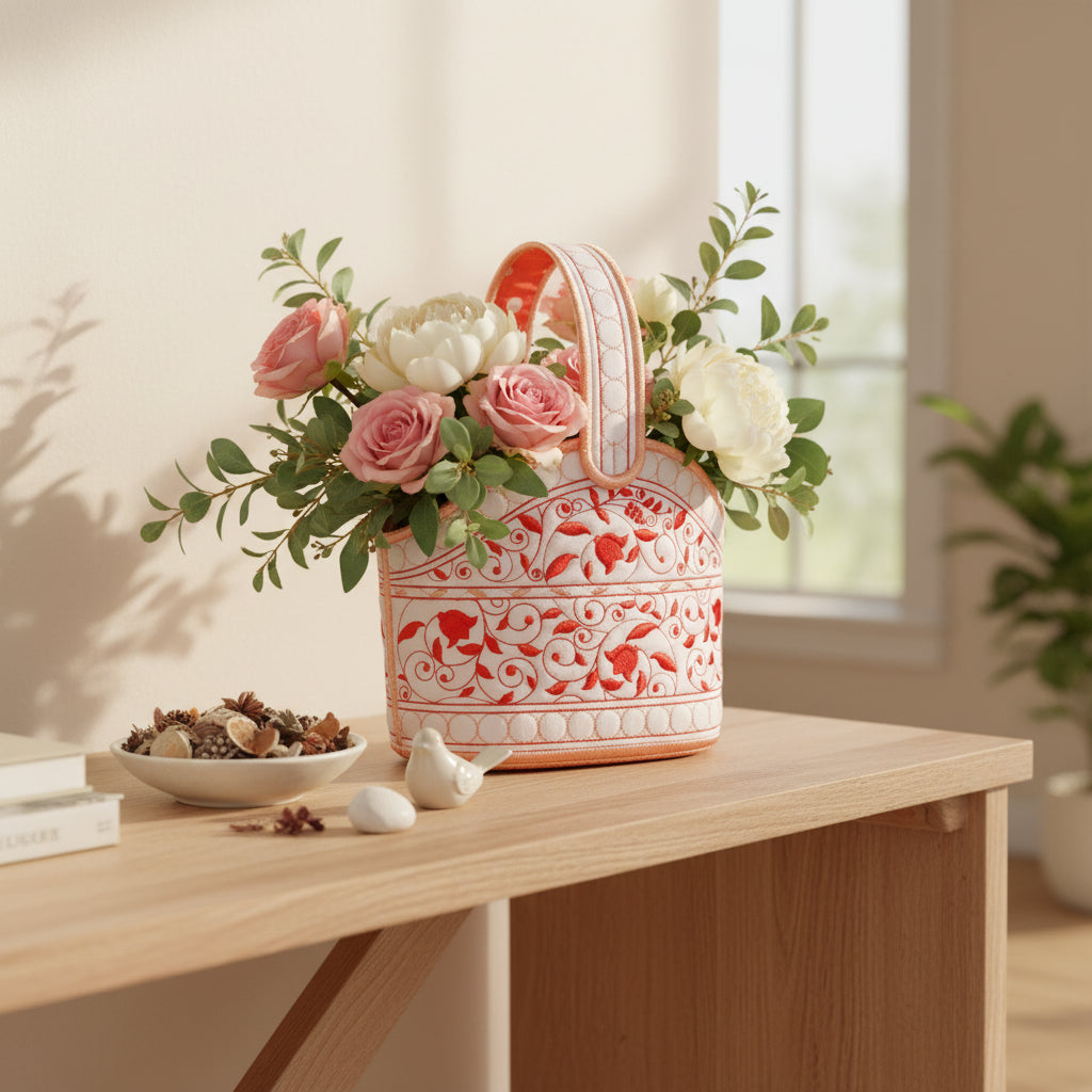 Decorative basket with floral patterns on a beige background