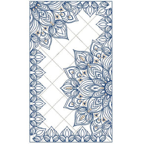 Decorative quilt with blue and white floral patterns on a white background