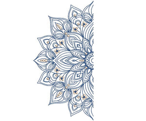 Decorative blue and white floral pattern on a white background