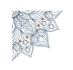 Decorative embroidery design with leaves and flowers on a white background