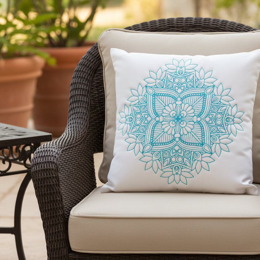 Decorative mandala design in teal on a light gray background