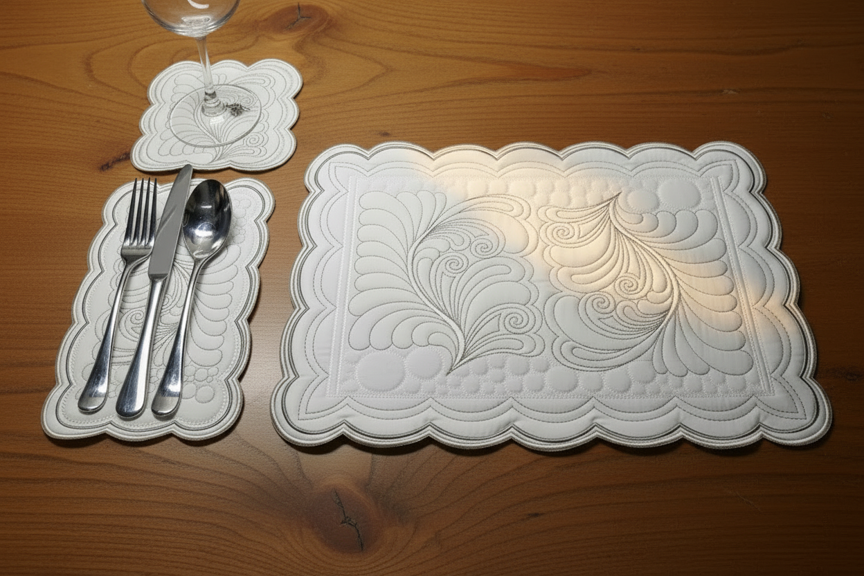 Decorative white placemats with intricate patterns on a wooden table.
