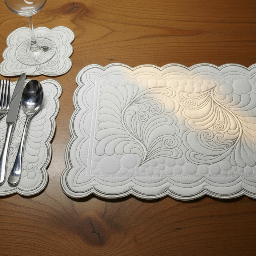 Decorative white placemats with intricate patterns on a wooden table.