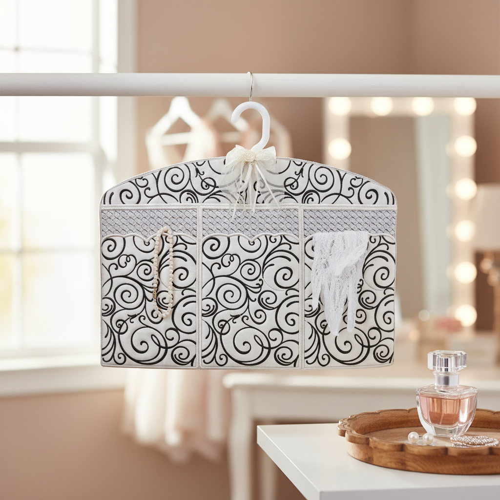 Decorative hanger with black and white pattern on a beige background