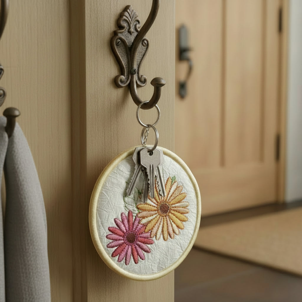 Keychain with embroidered flowers in a circular hoop on a plain background