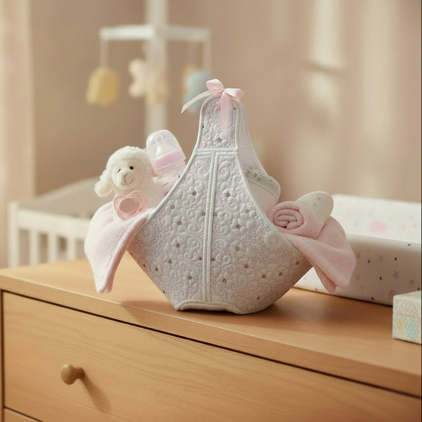 White baby romper with pink floral pattern and bow on a beige background