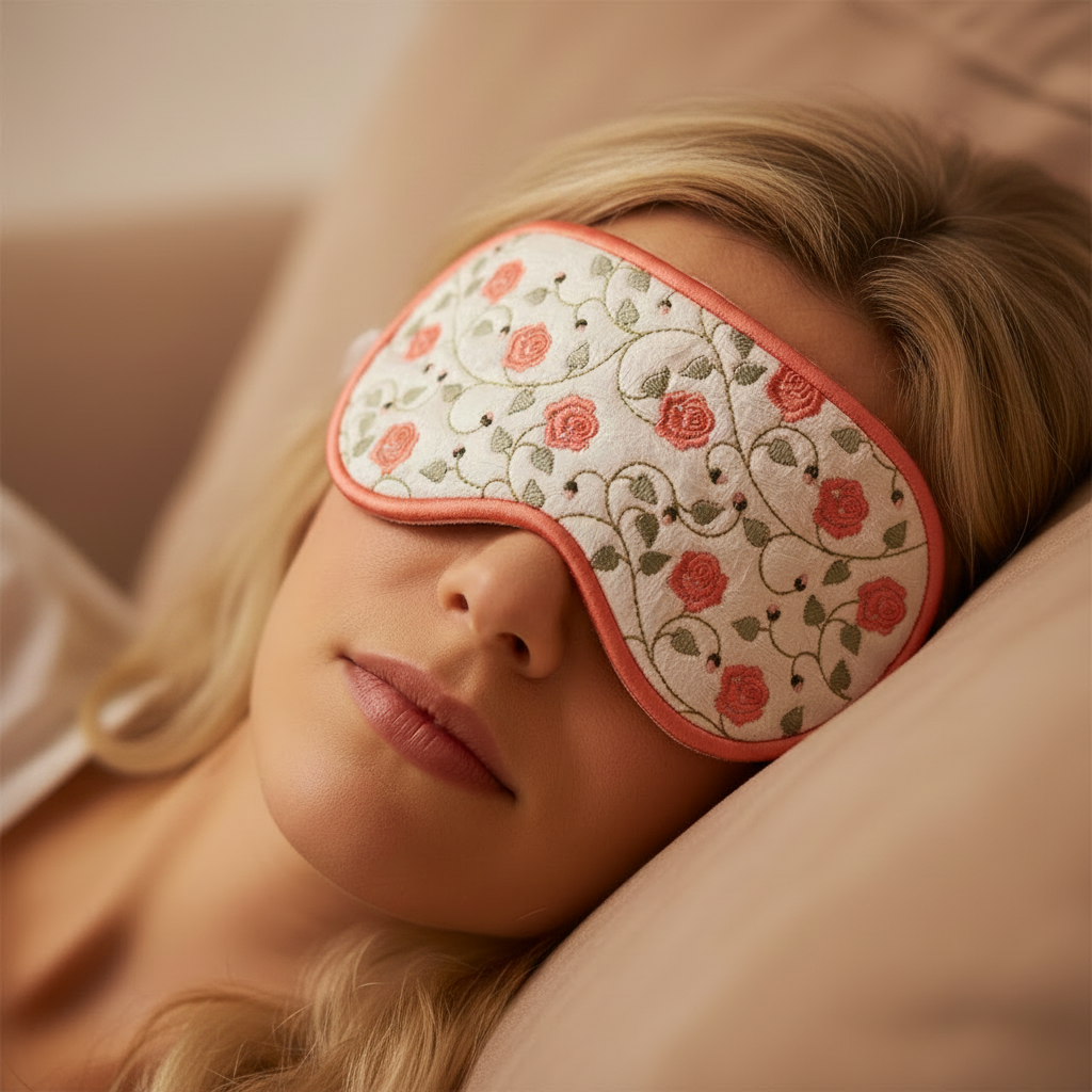 Person wearing a floral eye mask while lying down