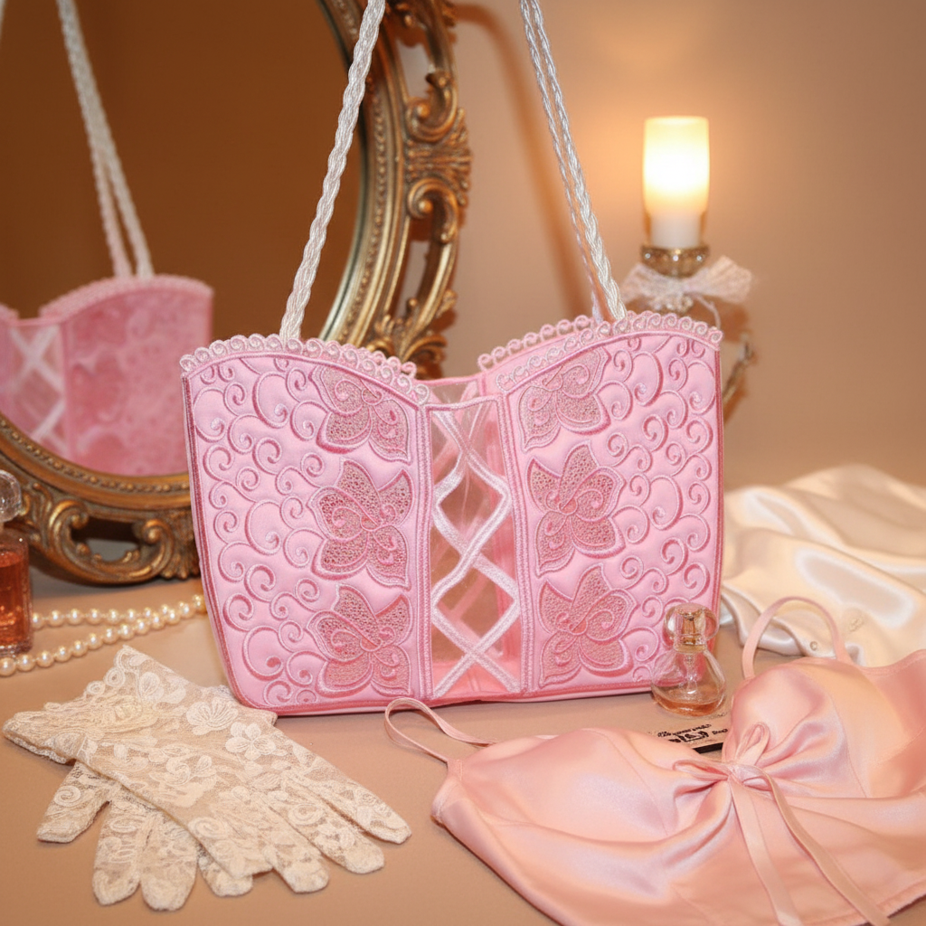 Pink lace handbag with matching accessories on a table