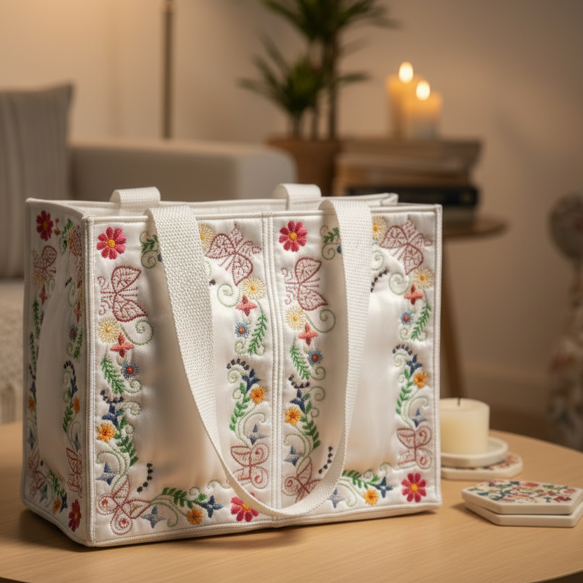 Decorative white bag with floral embroidery on a table in a cozy living room.