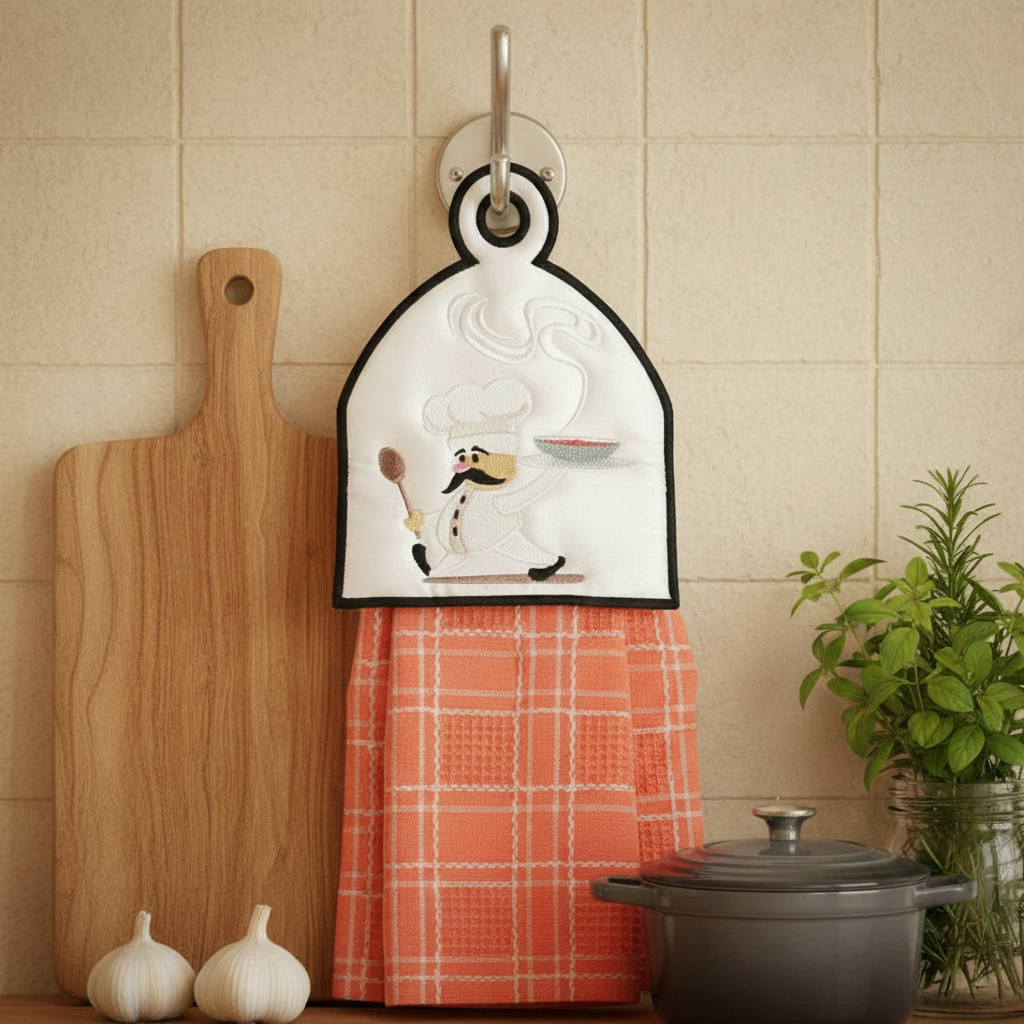 Decorative oven mitt with cartoon character hanging on a tiled wall next to a cutting board and potted plant.