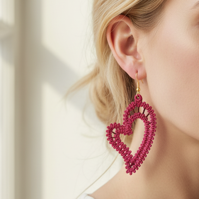 Freestanding Lace Battenburg Heart Earrings and Pendant