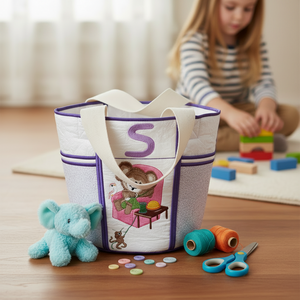 Children's craft bag with sewing supplies on a table, child playing in the background