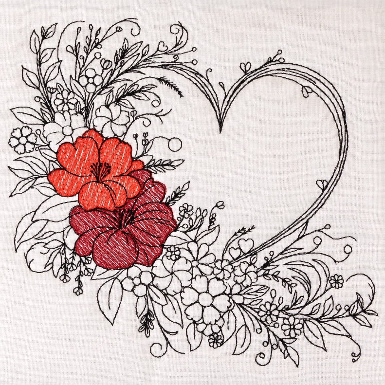 Decorative design with red flowers and black line art on a white background