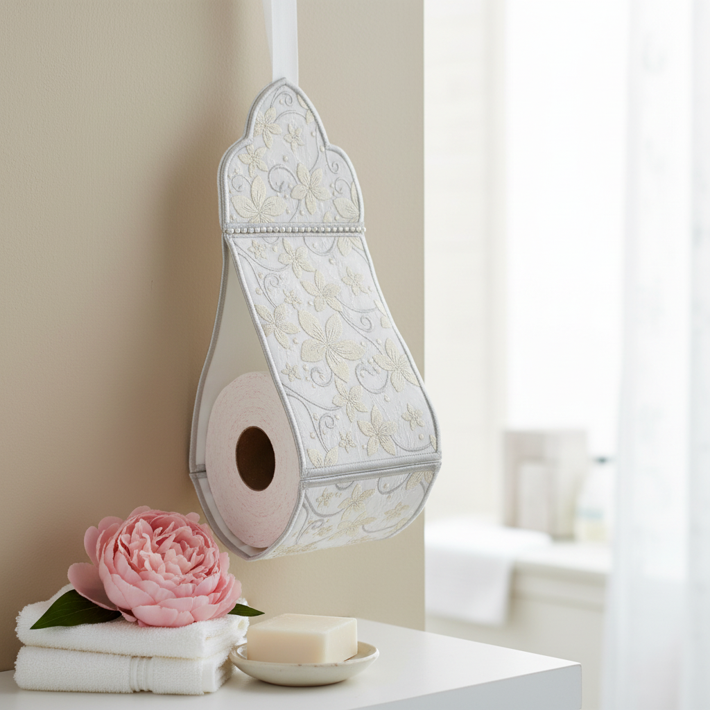 An ornate white toilet paper holder with a floral pattern hangs on a bathroom wall above a white vanity table. A pink rose, folded white towels, and a bar of soap are arranged below, with a softly blurred bathroom background.