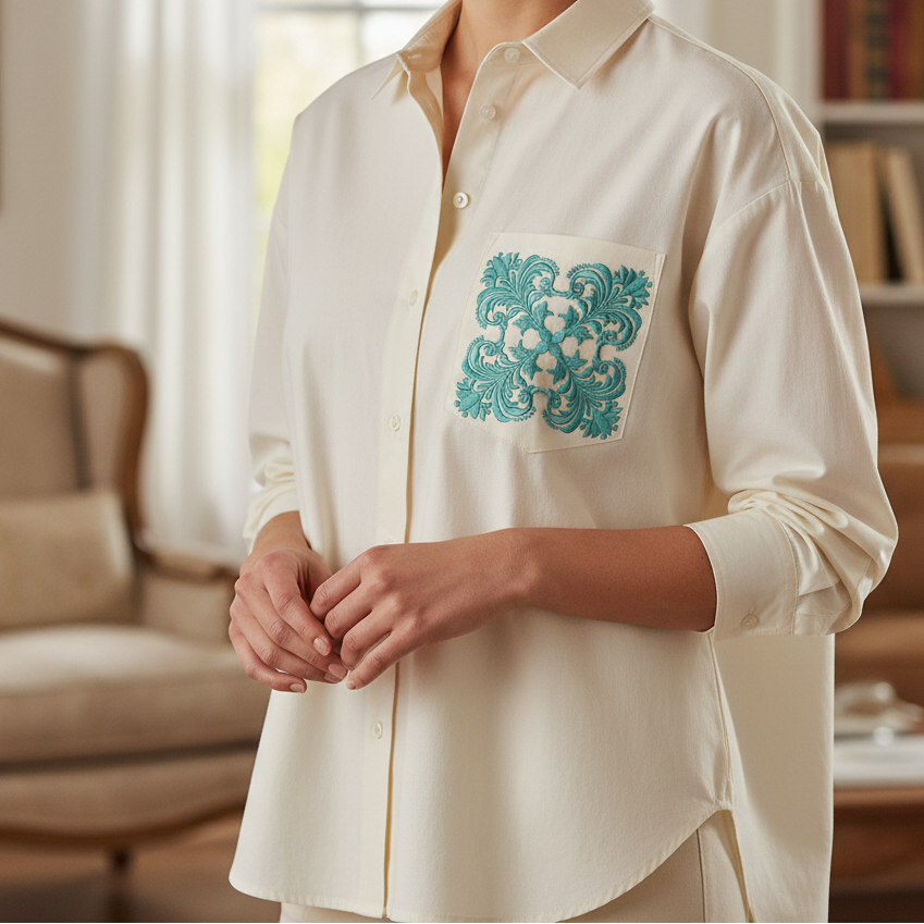 An off-white long-sleeve button-up shirt with a decorative teal and white floral embroidered pocket, worn by a model in a softly lit indoor setting by astitchahalf.net