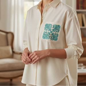 An off-white long-sleeve button-up shirt with a decorative teal and white floral embroidered pocket, worn by a model in a softly lit indoor setting by astitchahalf.net