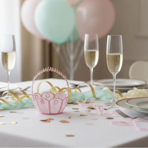 Decorated table with champagne glasses, a pink decorative basket, and balloons in the background.