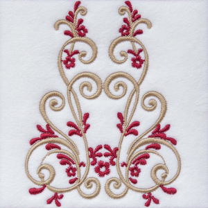 A square embroidery design featuring symmetrical beige scrollwork and red floral accents on a white fabric background, framed by a thin red border.