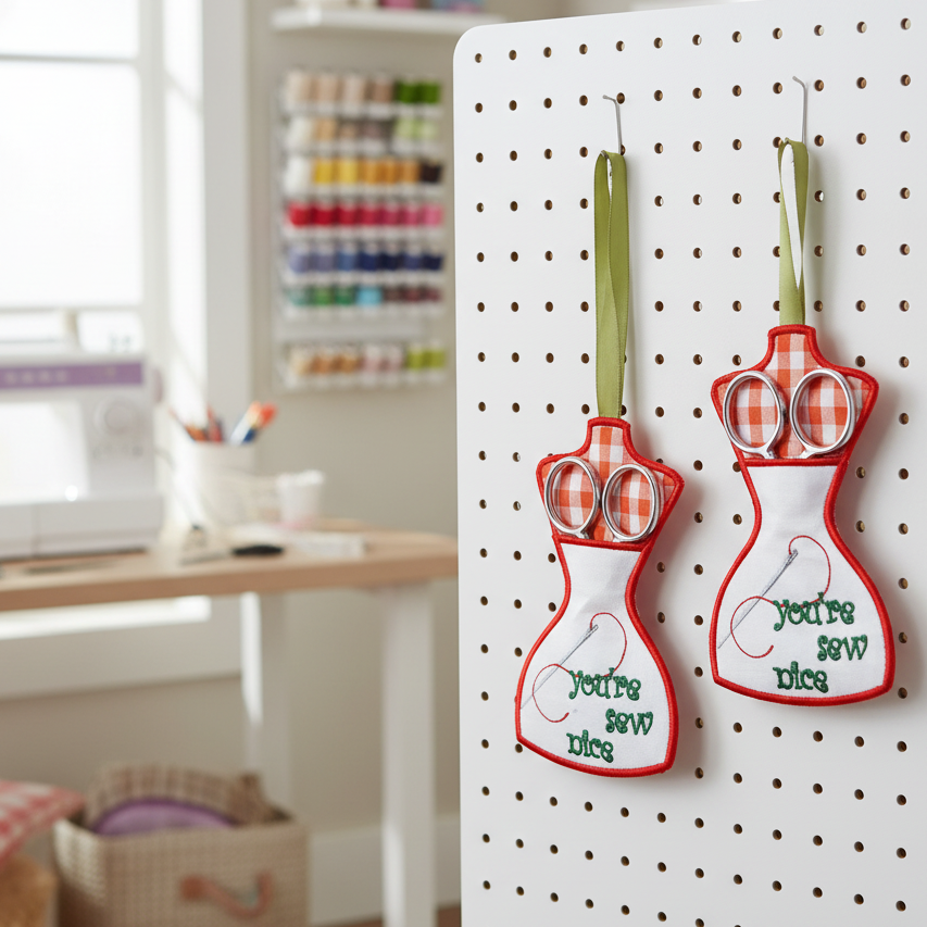 Decorative scissors holder with text on a pegboard in a craft room setting.