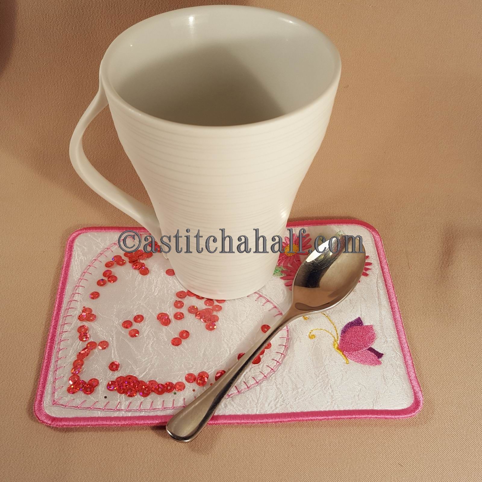 Sparkles Heart Mug Rug - aStitch aHalf