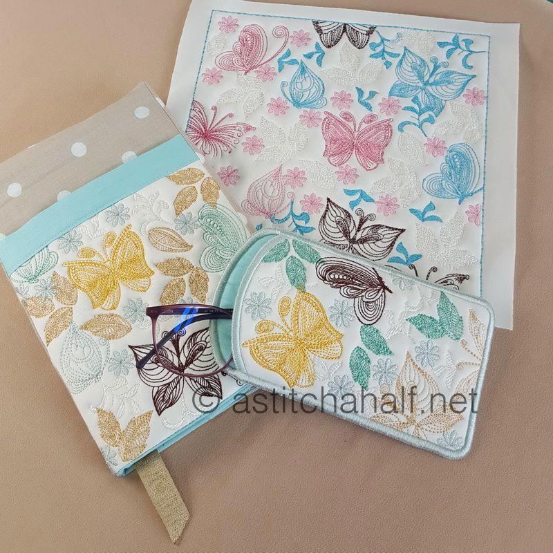 Fly Away Butterflies with Adjustable Book Cover and Eyeglass Case - aStitch aHalf