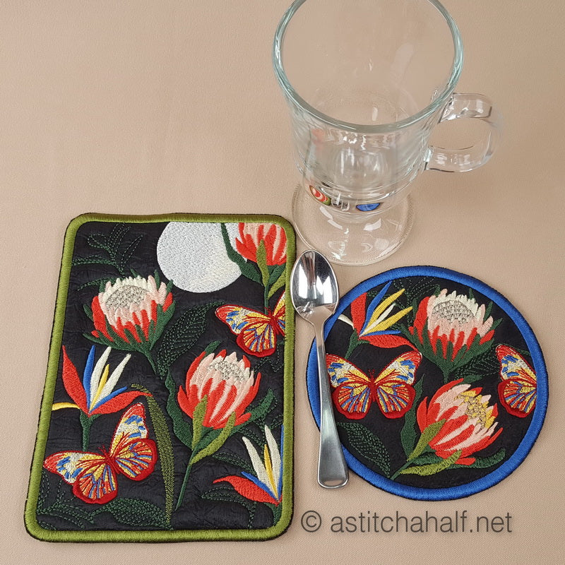 Proteas at full Moon Mug Rug and Coaster set - a-stitch-a-half