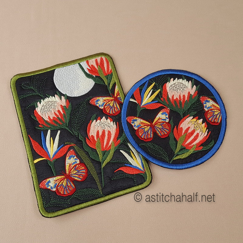 Proteas at full Moon Mug Rug and Coaster set - a-stitch-a-half