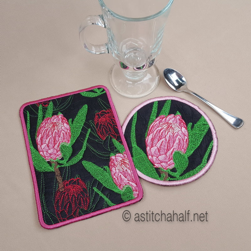 Protea Harmony Mug Rug and Coaster set - a-stitch-a-half