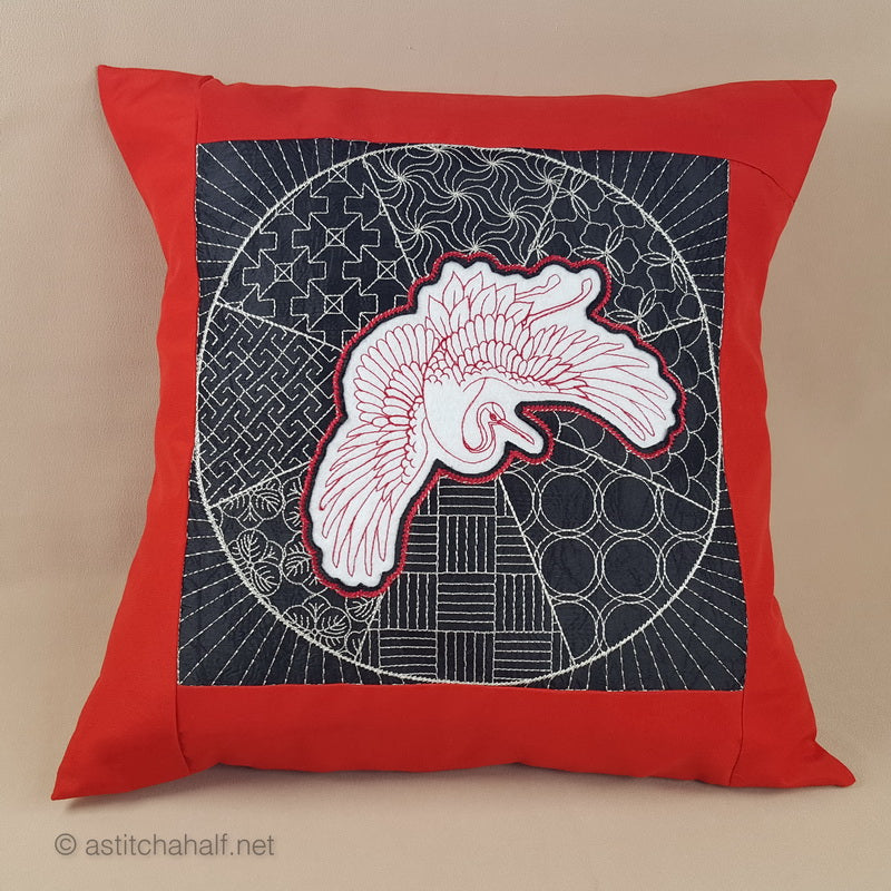 Japanese Crane Decorative Pillow with Reverse Applique