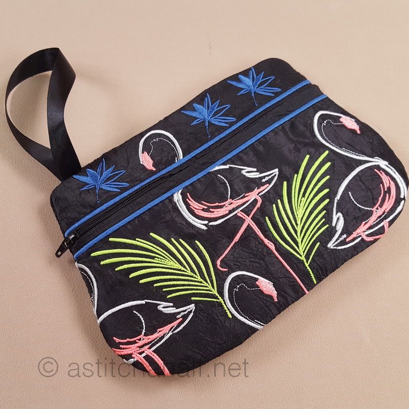 Midnight Flamingos ITH Wrist Purse - aStitch aHalf