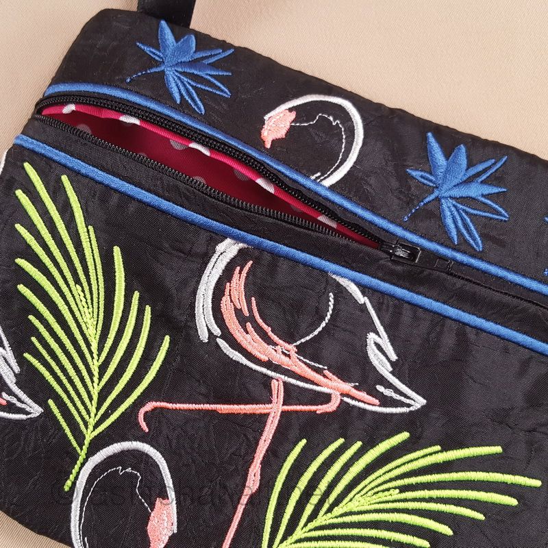 Midnight Flamingos ITH Wrist Purse - aStitch aHalf