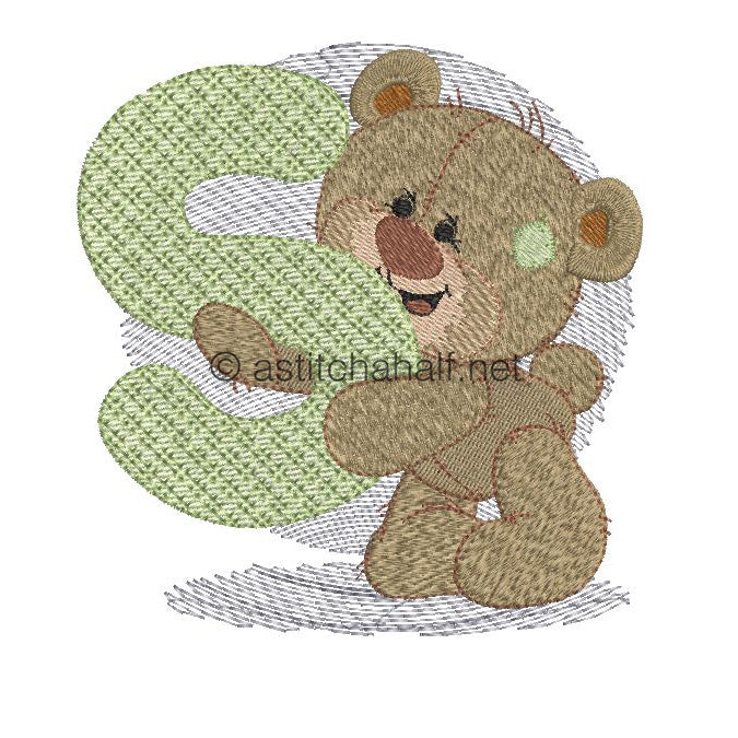 Dimples Bear Monogram S - aStitch aHalf