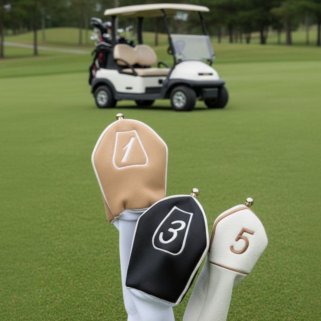 Red golf towel with a flag design and number 19 on a golf cart