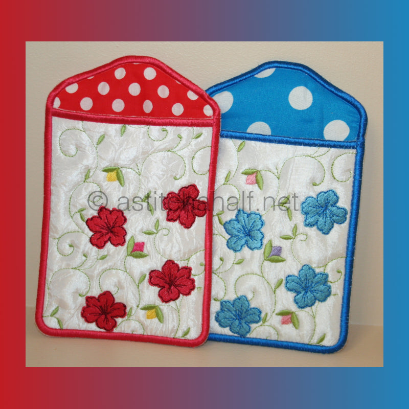 Two embroidered mobile phone covers and eyeglass pouches, one with red polka dots and the other with blue polka dots, both featuring floral patterns.